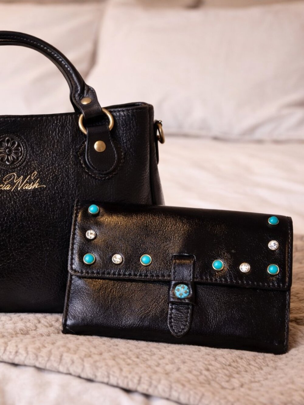 Large Black Leather Studded Patricia Nash Wallet